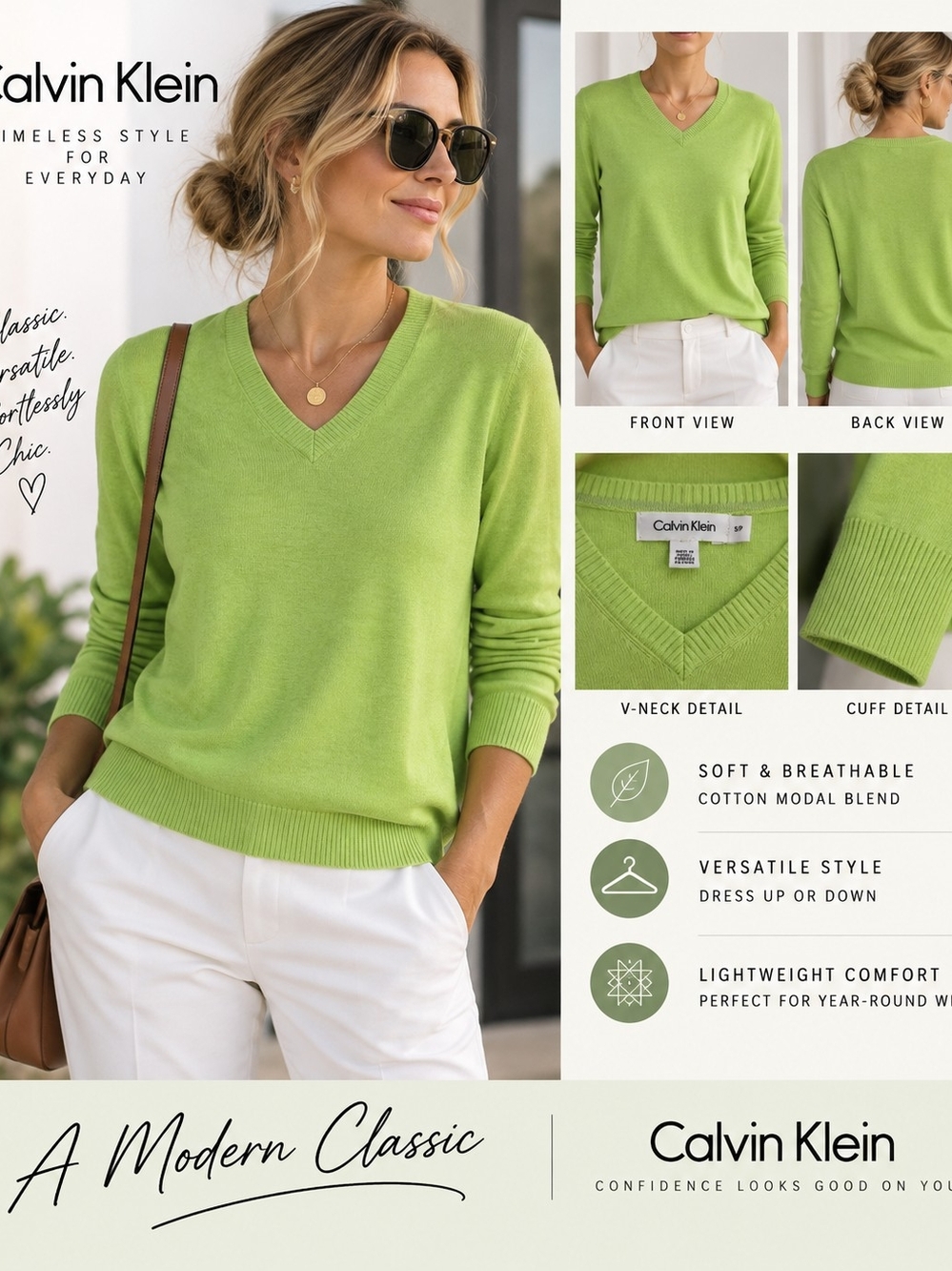 Calvin Klein Lime Green V-Neck Cotton Modal Sweater – Size Small